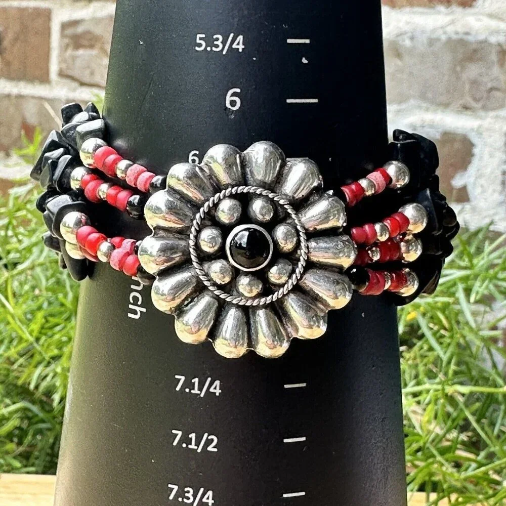 VTG‎ Flower Sterling Silver Bracelet Buffalo Nickel Clasp Black Onyx Red Beads
